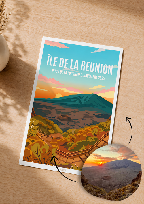 Affiche personnalisée représentant le Piton de la Fournaise à la Réunion