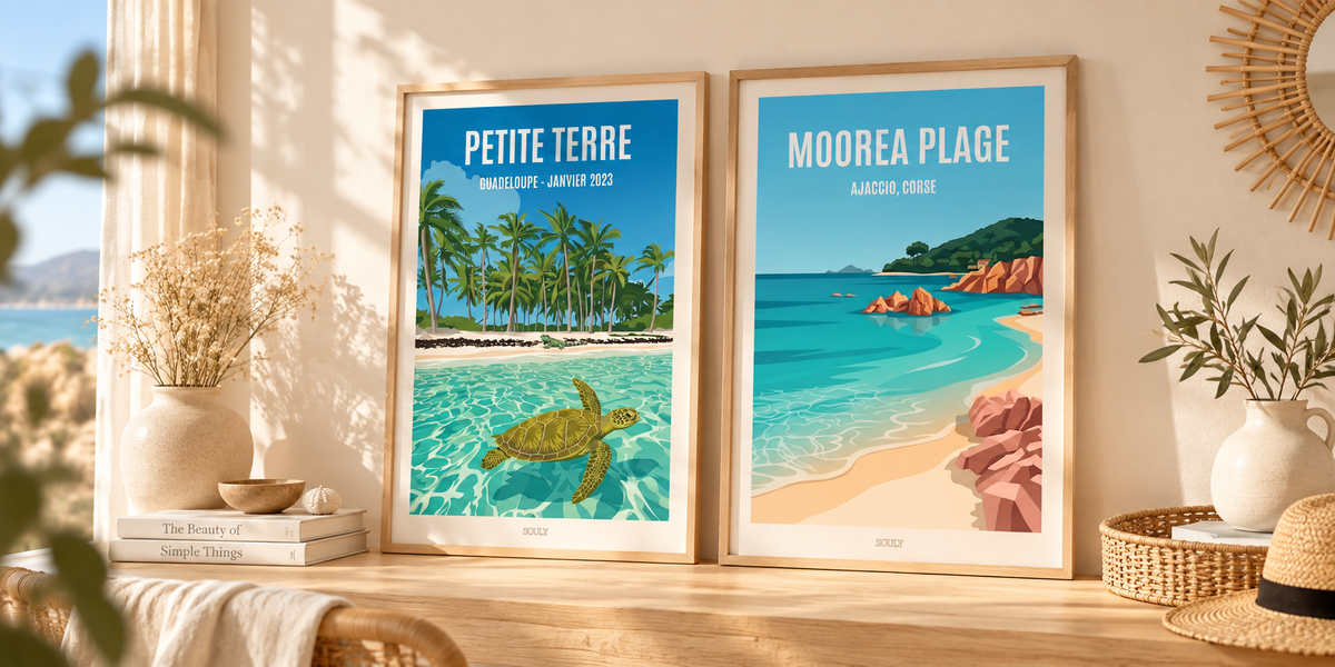 Affiches personnalisées Moorea Plage en Corse et Petite Terre en Guadeloupe
